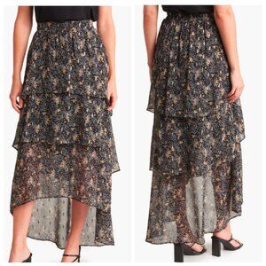 MELLODAY Tiered Chiffon Maxi Skirt, BLACK FLORAL, Size M, NWT